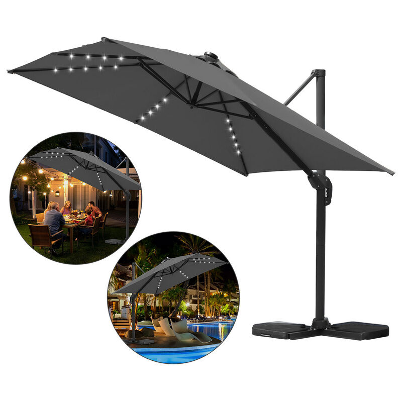 Parasol jardin déporté, Parasol Parapluie - Alu - 360° rotatif - 3 x 3 m - avec led - Gris - Vingo
