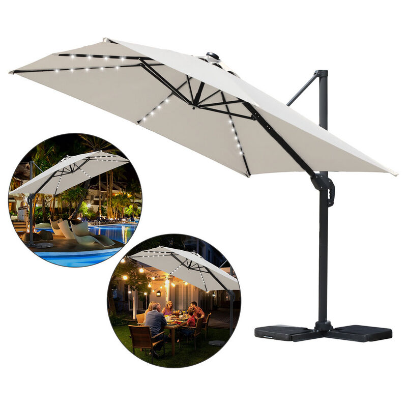 Parasol jardin déporté, Parasol Parapluie - Alu - 360° rotatif - 3 x 3 m - avec led - Beige - Vingo