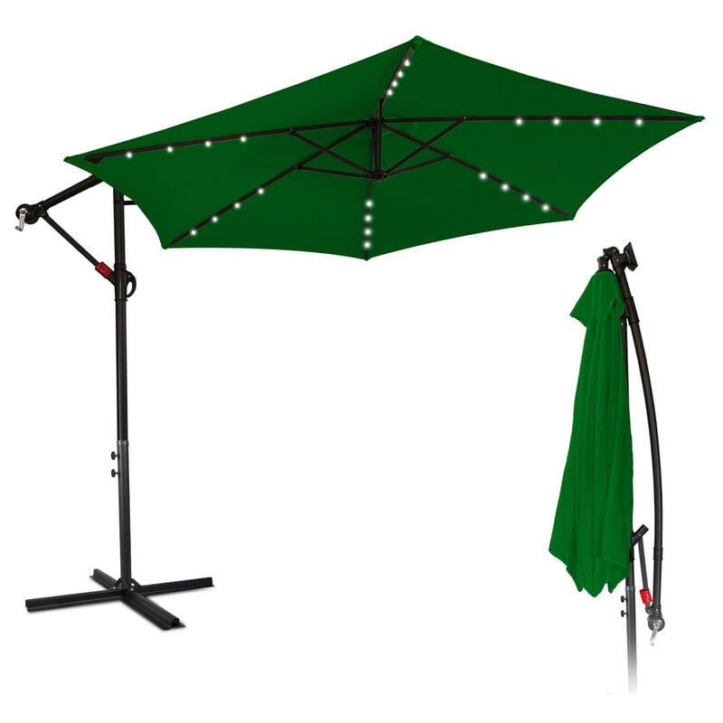 Parasol vert led solaire Ø300cm feu tricolore parasol jardin parasol marché parasol manivelle balcon aluminium inclinable - vert