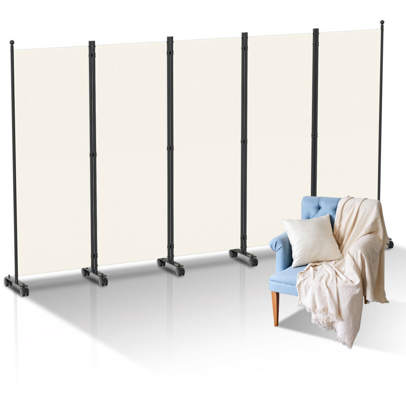 Einfeben Paravent Séparation Pliable avec roulettes, Cadre en Métal, Idéal pour Salon, Bureau, Hôpital 5 Panneaux Beige 284x181 cm
