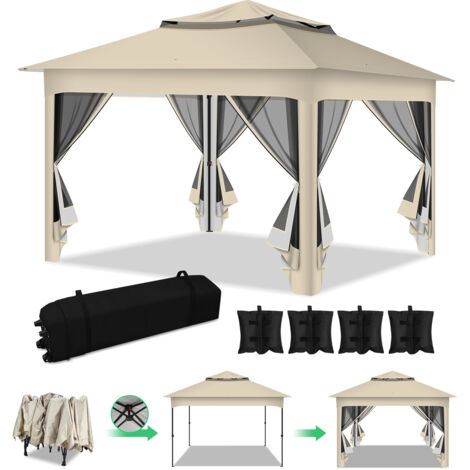 VINGO Pavilion 3.3x3.3x2.7M, gazebo, tenda da giardino con 4 pannelli laterali in garza, protezione UV 50+, doppio tetto beige