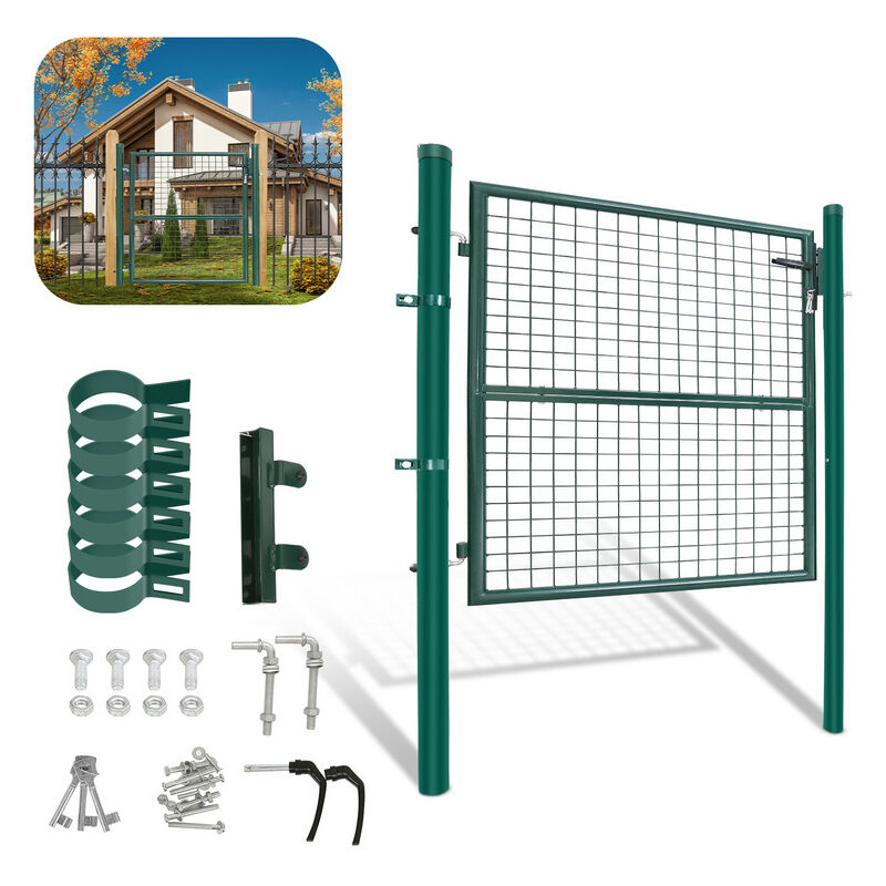 Portillon de jardin Clôture avec serrure et poignée portail en Acier Galvanisé Revêtement en poudre Vert Poteau rond 125x100cm - Vingo