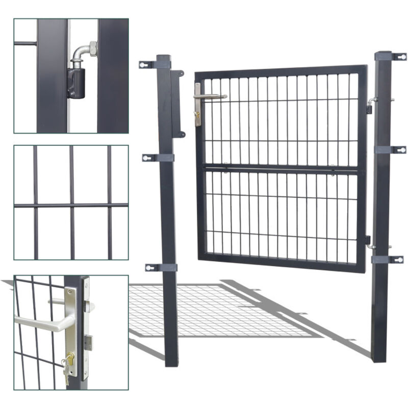 Portillon de Jardin Grillagé, en Acier Galvanisé, Clôture avec Serrure, Porte 120 x 100cm, Gris