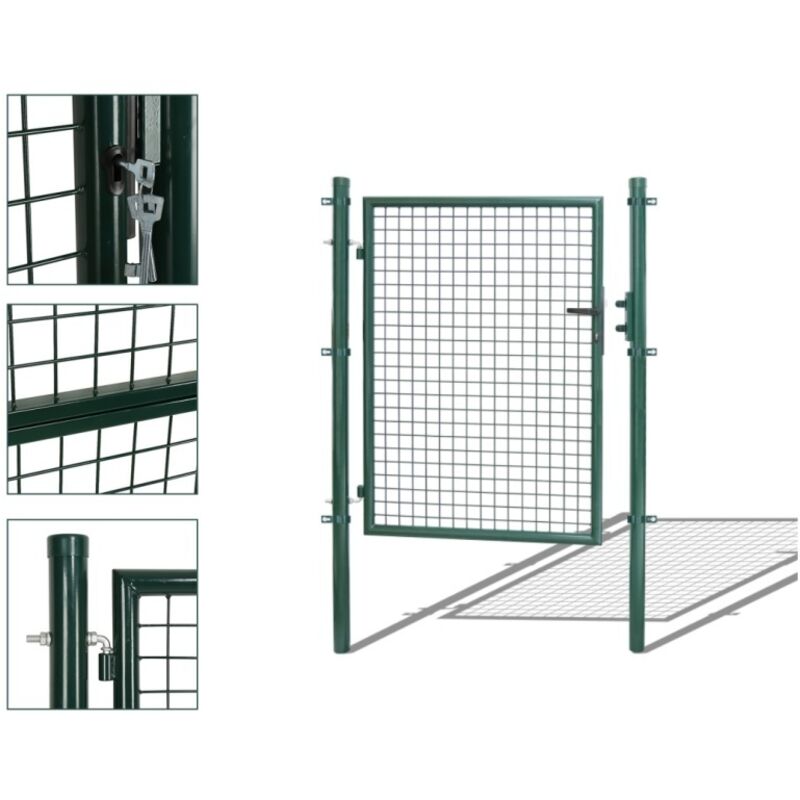 Portillon de Jardin Grillagé, en Acier Galvanisé, Clôture avec Serrure, Porte 125 x 100cm, Vert