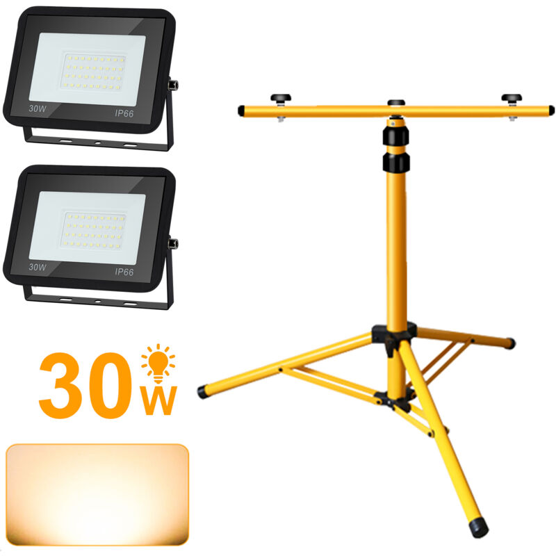 VINGO Projecteur de chantier LED avec trépied IP66 Jardin Projecteur LED extérieur Spot 2X30W Blanc Chaud