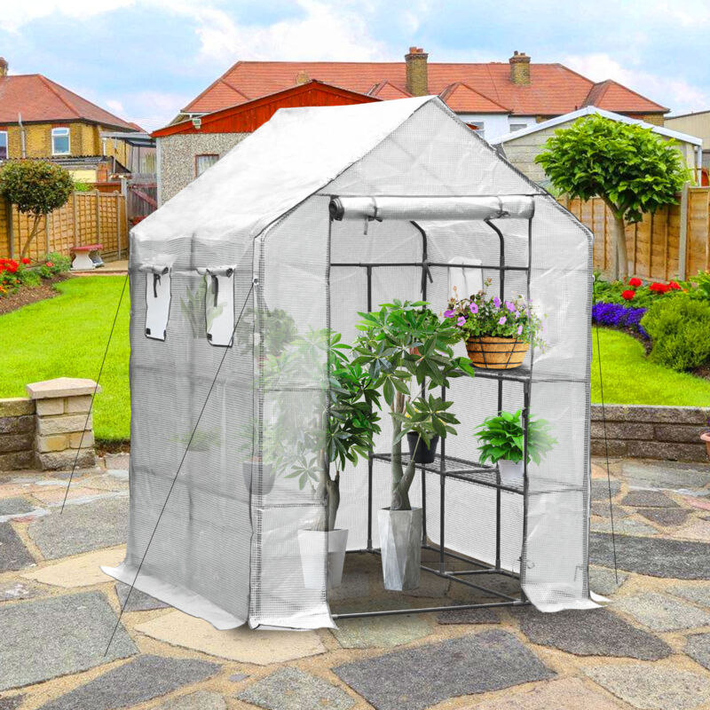 Serre de jardin avec étagères 143x143x195cm blanc - bâche renforcée 135g/m², fenêtre moustiquaire, porte enroulable zippée - Vingo