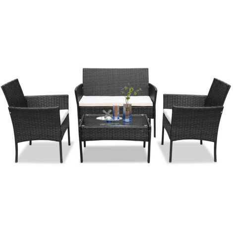 VINGO Set di mobili da giardino in resina intrecciata - 4 posti - Divano + Poltrona + Tavolo + Cuscini per seduta Nero