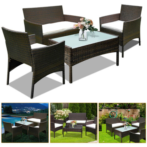 VINGO Set di mobili da giardino in resina intrecciata marrone - 4 posti - Divano + Poltrona + Tavolo