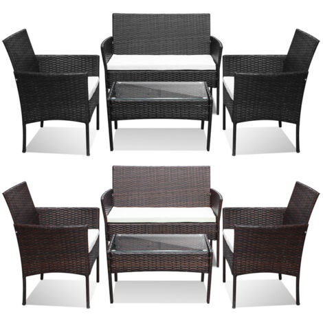 VINGO Set di mobili da giardino in resina intrecciata marrone - 4 posti - Divano + Poltrona + Tavolo + Cuscini di seduta