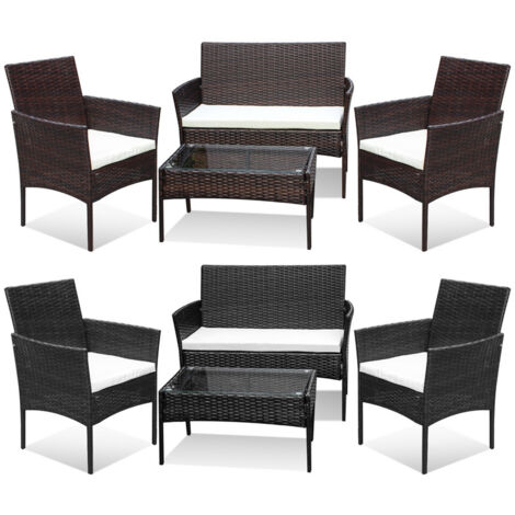 VINGO Set di mobili da giardino in resina intrecciata nera - 4 posti - Divano + Poltrona + Tavolo + Cuscini di seduta