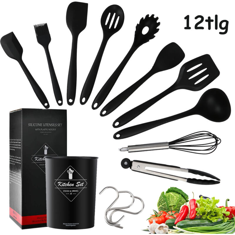 Set d'ustensiles de cuisine 12 pièces, pour la cuisson et la pâtisserie, en silicone, résistant, seau de rangement, cuillère à pelle - Vingo