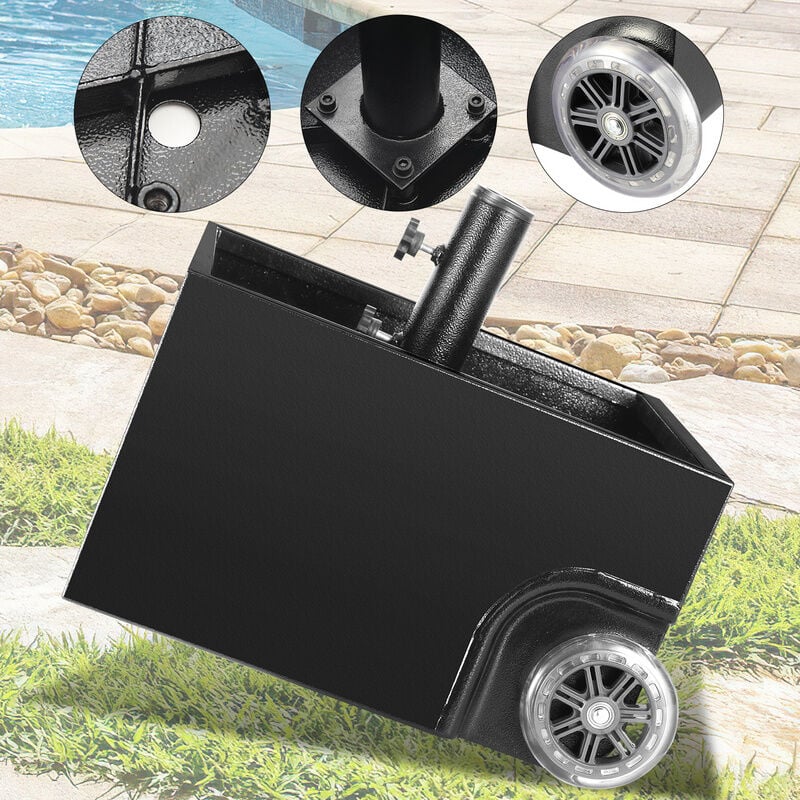 Support de Parasol à Roulettes, Base de Parasol, 44.5x44.5x27cm, 68kg une fois remplie, Noir, Réglable pour Poteaux de Parasol 38/48 mm - Vingo