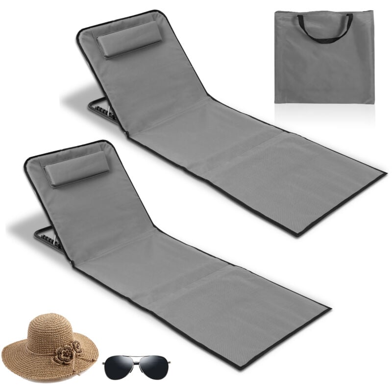 Tapis de plage avec sangle de transport avec appui-tête appui-tête dossier réglable Polyester 600D Gris 1 pièce 145cm x 47cm