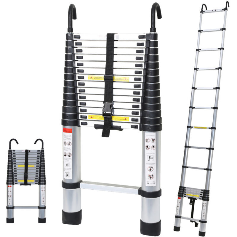 Swanew Échelle Télescopique Avec Crochet Escabeau Aluminium Argent 4.4m