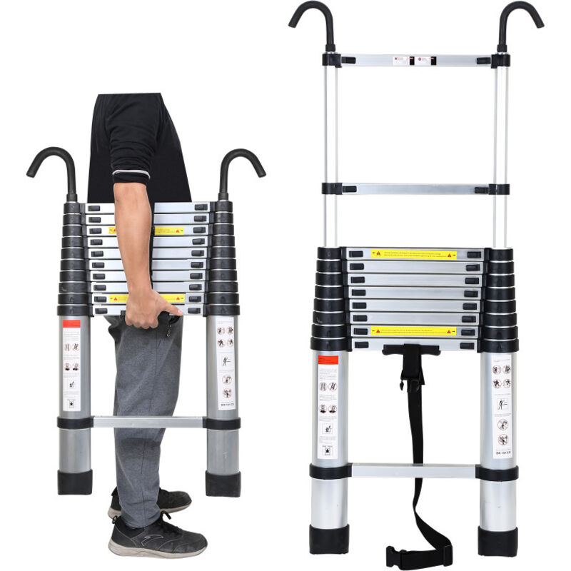 Swanew Echelle Télescopique Avec Crochet Escabeau Aluminium Argent 3.2m