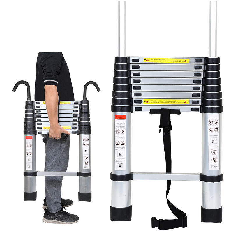 Vingo - Teleskopleiter Mit Haken Aluminium Stehleiter Silber Klappleiter 2.6m