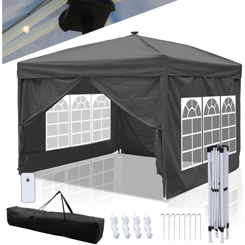Tonnelle de Jardin Tente Pliante Protection du Soleil uv 50+ Tonnelle Pliante pop-up avec Parois gris 3x3m Avec éclairage solaire led - Vingo
