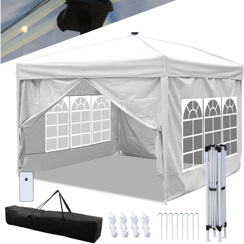 Vingo - Tonnelle de Jardin Tente Pliante Protection du Soleil uv 50+ Tonnelle Pliante pop-up avec Parois Blanc 3x3m Avec éclairage solaire led