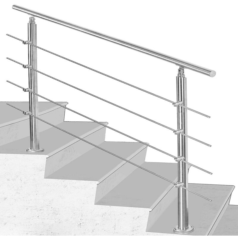 Vingo - Treppengeländer Geländer Edelstahl Handlauf Brüstung Treppe Ø42mm für Treppen Balkon Innen & Außen 180CM mit 4 Querstreben - Silber