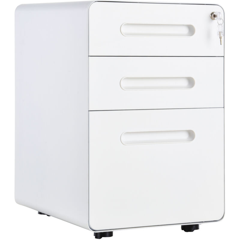 3 Drawer Modern Steel Filing Cabinet w/4 Wheels Lock Pencil Box White - White - Vinsetto