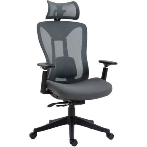 Vinsetto Bürostuhl, Ergonomischer Schreibtischstuhl, Computerstuhl mit Liegefunktion, PC Stuhl mit Verstellbarem Kopfkissen, Drehstuhl für Arbeitszimmer, Mesh, Grau