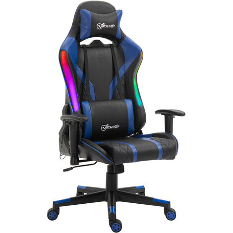 Vinsetto Bürostuhl LED Gaming Stuhl mit Armlehne, hoher Rückenlehne und Kissen ergonomischer Drehstuhl mit Liegefunktion Handlauf anhebbar Kunstleder Nylon Schwarz+Blau 70 x 57,5 x 126-136 cm