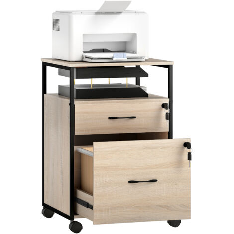 Vinsetto cajonera de oficina, cajonera de escritorio con 2 cajones, ruedas, barra colgante, cerradura y 2 llaves para A4 carta 44x40x66,5 cm natural
