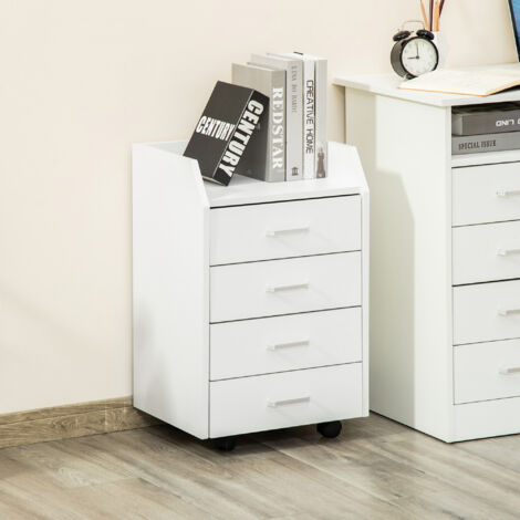 Vinsetto Cajonera de Oficina Mueble Auxiliar para Archivos con 4 Cajones Encimera Superior de Almacenaje 4 Ruedas y 2 Frenos para Estudio Despacho 40x36x65 cm Blanco