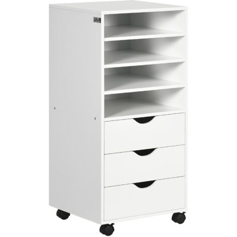 Vinsetto Cassettiera da Ufficio con 4 Ruote 4 Ripiani 3 Cassetti, Legno Bianco