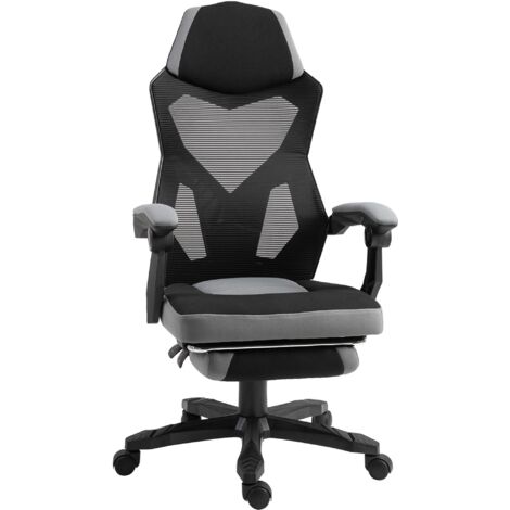 Vinsetto Chaise de bureau fauteuil gaming hauteur réglable dossier roulettes pivotantes repose-pied tissu en maille 58L x 63l x 112-122H cm gris noir