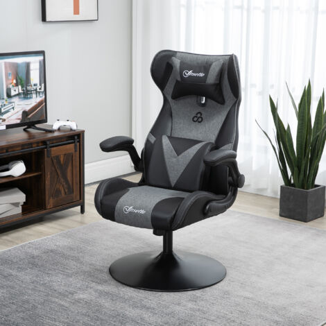 Vinsetto Chaise de gaming ergonomique avec base ronde hauteur réglable accoudoir relevable coussins tétière et lombaires PU gris noir