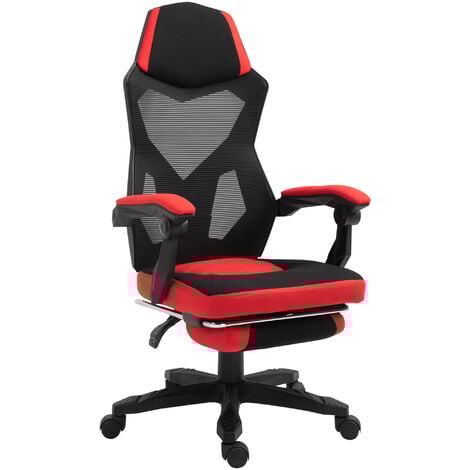 Vinsetto Ergonomischer Bürostuhl, Gaming Stuhl, Drehstuhl mit Fußstütze, PC Stuhl, Chefsessel,  höhenverstellbar, Polyester, Schwarz+Rot,58 x 63 x 112-122 cm