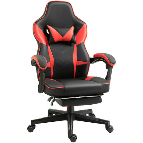 Vinsetto Fauteuil de bureau gamer style baquet racing - pivotant, inclinable - coussin tétière, repose-pieds inclus - revêtement synthétique rouge noir - Rouge