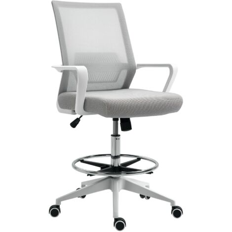 Vinsetto Fauteuil de Bureau Réglable, Pivot 360°, Assise Haute, Dossier Respirant, Tabouret Gris et Blanc