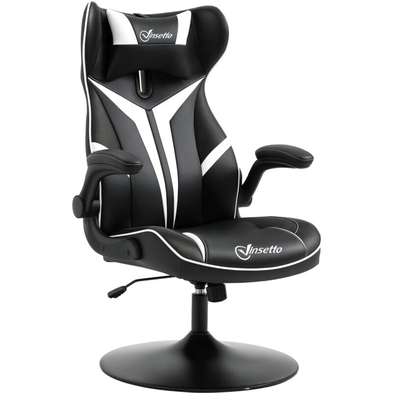 Vinsetto - Fauteuil gaming base ronde métal pivotante 360° hauteur réglable tétière accoudoirs relevables pvc blanc noir