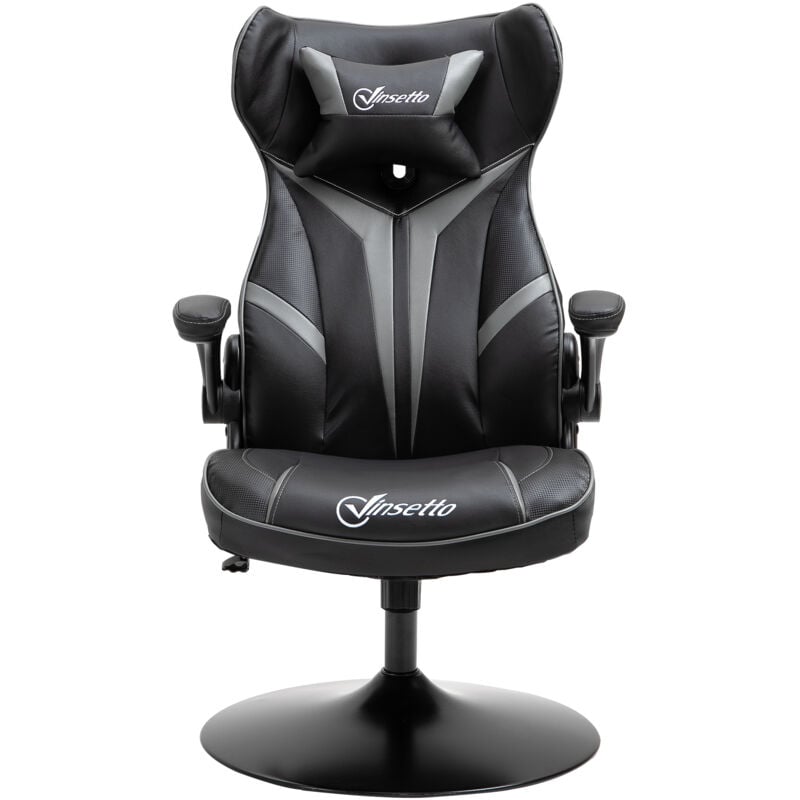 Vinsetto - Fauteuil gaming base ronde métal pivotante 360° hauteur réglable tétière accoudoirs relevables pvc gris noir