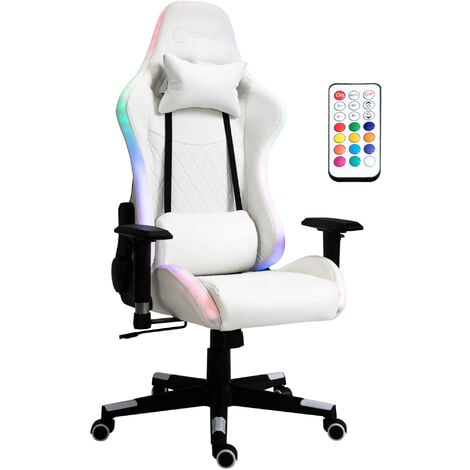 Vinsetto Gaming Chair w/ RGB LED Light, Arm, Swivel Office Gamer Recliner, White