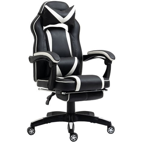 Vinsetto Gaming-Stuhl Bürostuhl Drehstuhl Chefsessel mit Fußstütze Rückenlehne Kissen verstellbar Kunstleder Weiß+Schwarz 65x64x114-123,5 cm