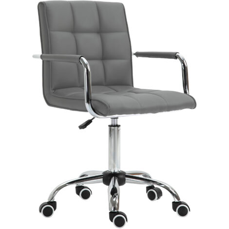 Vinsetto Makeup Vanity Chair, PU Leather Mid Back Office Chair with Adjustable Height, Armrest and Rolling Wheels, Grey