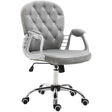 Vinsetto silla de escritorio tapizada en terciopelo silla giratoria con altura ajustable reposabrazos y decoraciones de diamantes carga 120 kg gris