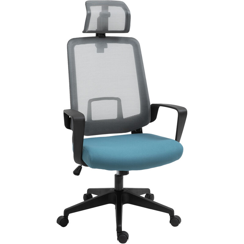 

Silla de Oficina Ergonómica Giratoria con Altura Ajustable Soporte Lumbar Reposabrazos y Reposacabezas Regulable 63,5x63x116,5-125,5 cm Azul y Gris