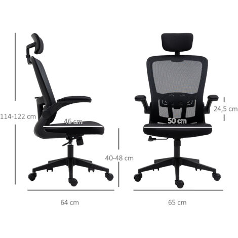 Vinsetto Silla de Oficina de Malla Silla Escritorio Giratoria con Altura Ajustable Reposabrazos Plegable Reposacabezas y Soporte Lumbar Regulables 65x64x114-122 cm Negro