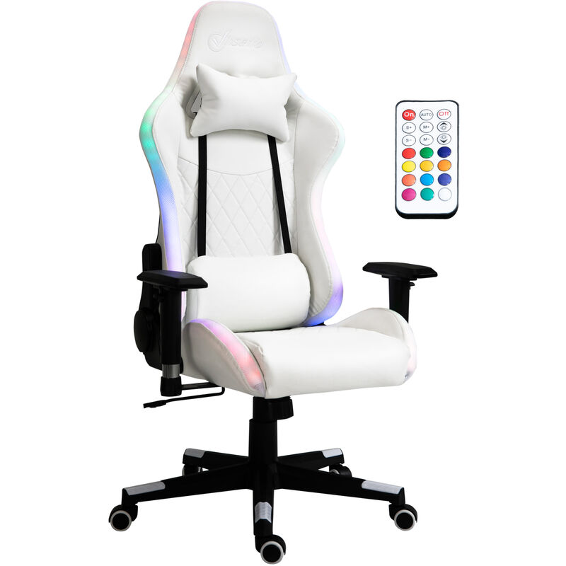 

Silla Gaming Ergonómica Silla Gamer Profesional Reclinable Altura Ajustable con Reposacabezas Cojín Lumbar Luz LED y Control Remoto 68x68x126-136 cm