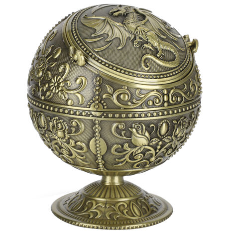 Vintage-Aschenbecher in Tellurform mit Drachenmotiv, Zinklegierung mit Deckel, handgefertigtes Winddekor