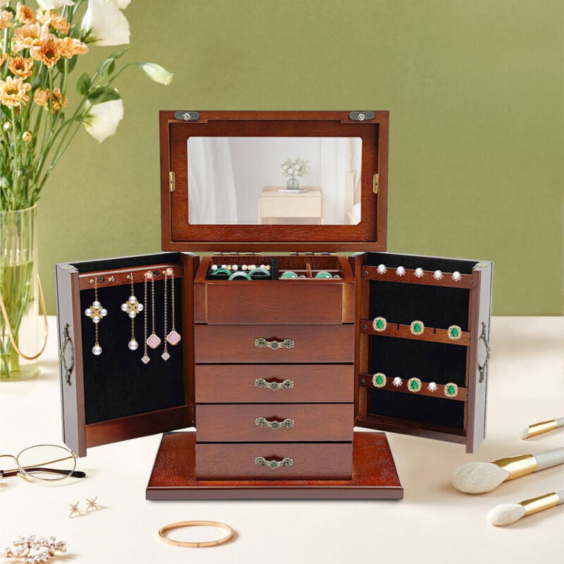 Vintage Boîte à bijoux en bois Boîte à bijoux avec miroir Marron