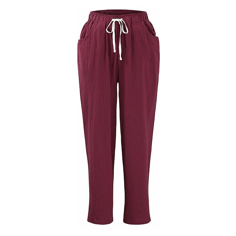 

Vintage Casual Mujer Pantalones rectos sueltos Pantalones elasticos de cintura alta con cordon de algodon Todo fosforo,Borgona, S