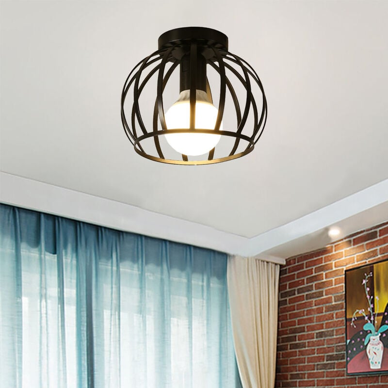 Industrial Ceiling Light with Metal Cage, Flush Mount Round Chandelier Fixture for Bedroom Living Room Hall Kitchen Lounger (Black)