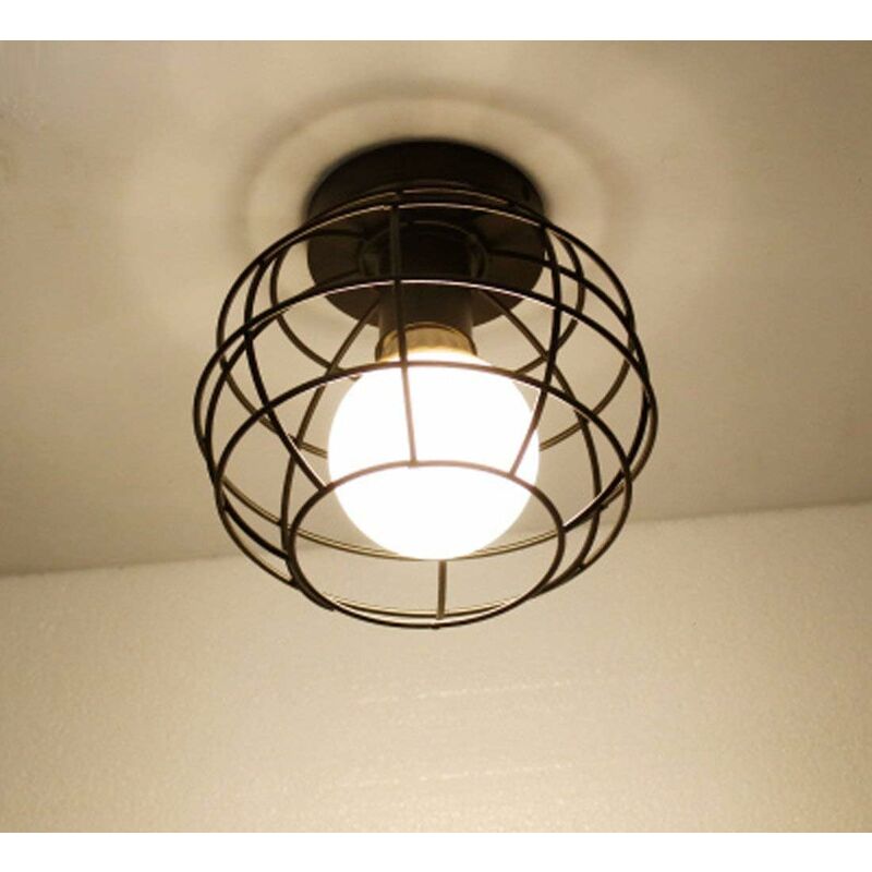 Wottes - Vintage Ceiling Light Black Semi Flush Mount Pendant Lamp Metal Cage Hanging Light Shade E27