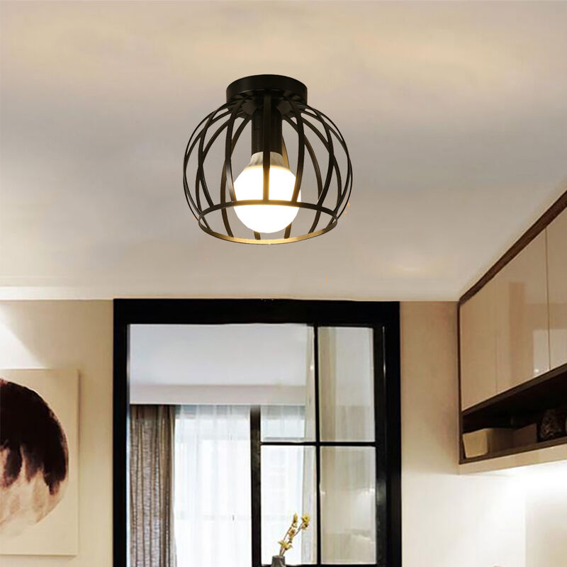 Industrial Round Ceiling Light, Round Chandelier Fixture with Metal Cage (Black)