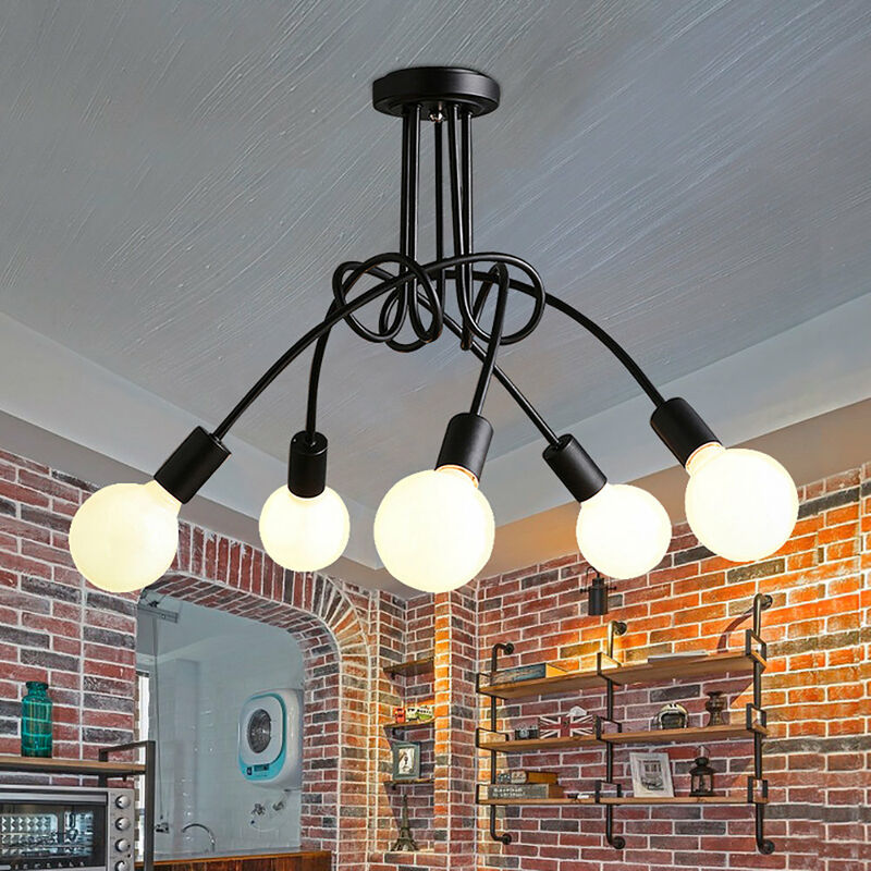 Vintage Ceiling Light Spider, Industrial Metal Ceiling Lamp, Retro Chandelier Fixture for Dining Room Living Room Hall Kitchen 5-Light Black